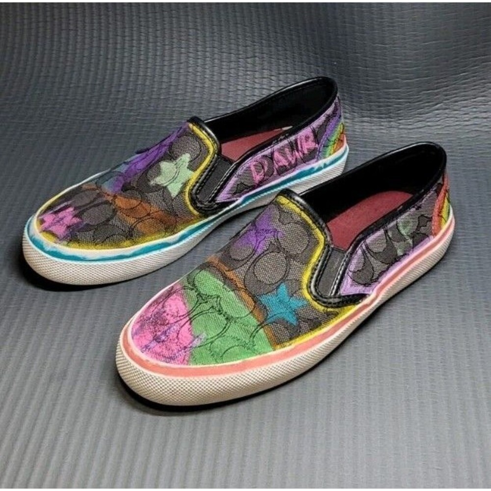 COACH Chrissy Signature Slip On Sneakers Black Monogram Size 7B Customized